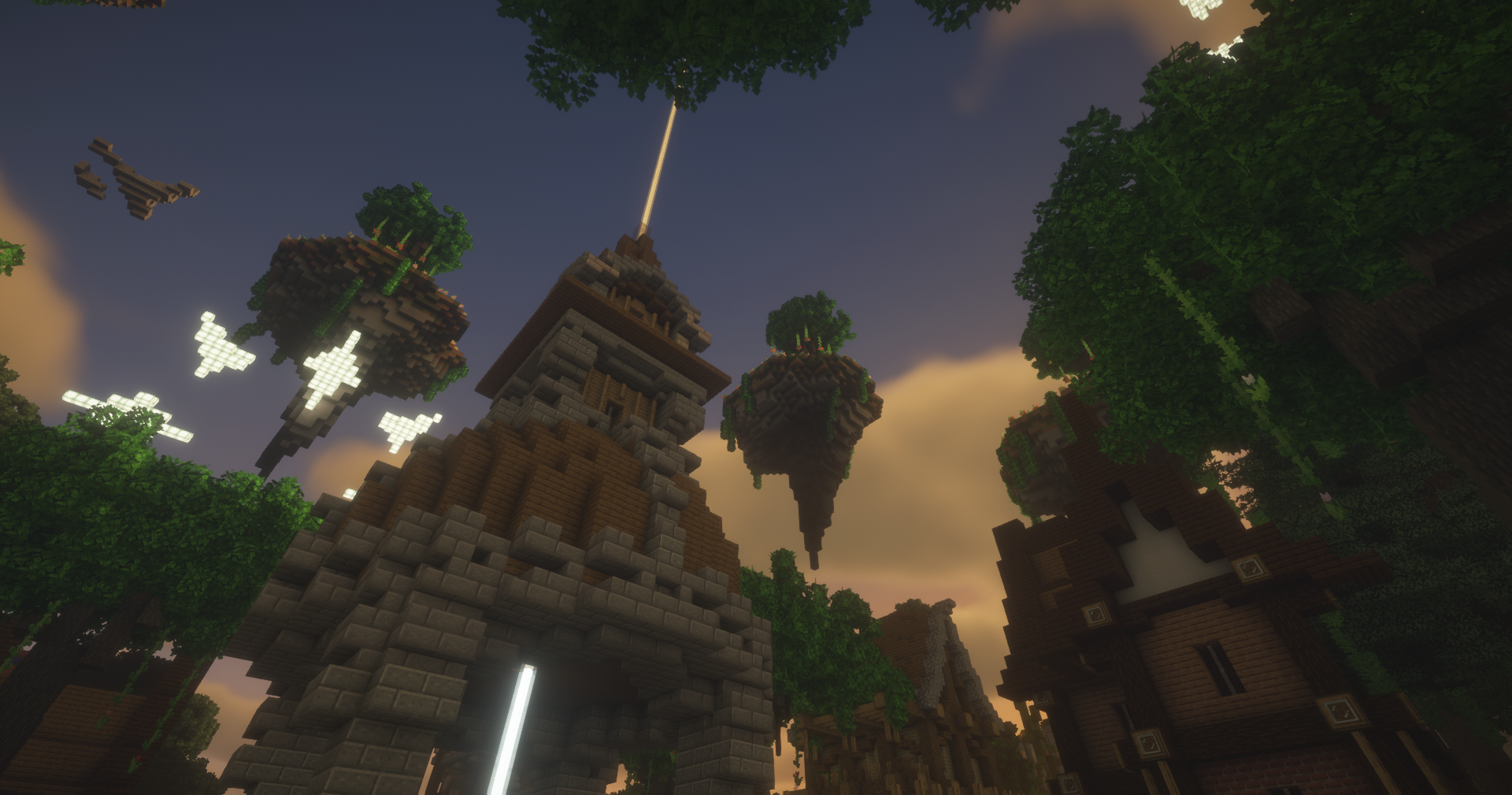 Minecraft-style fantasy landscape with floating islands, lush green trees, and a central stone and wood building with a glowing beacon. The sky is warm and dramatic, suggesting sunset. The scene feels adventurous and magical. No visible text in the image.